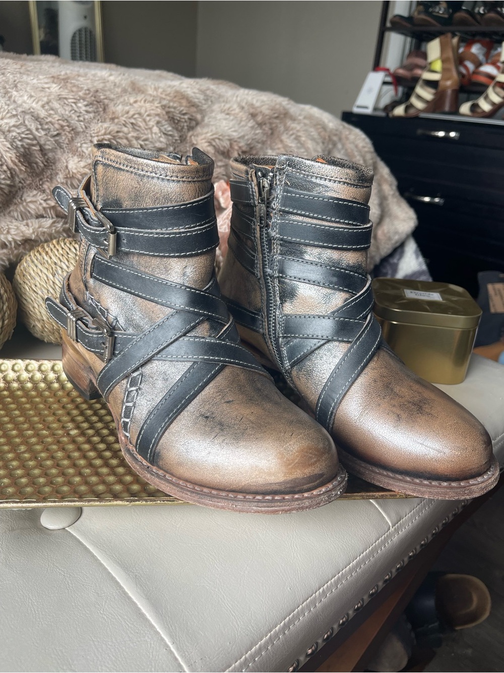 Freebird Redford Ankle Booties in Metallic Bronze Distressed Leather